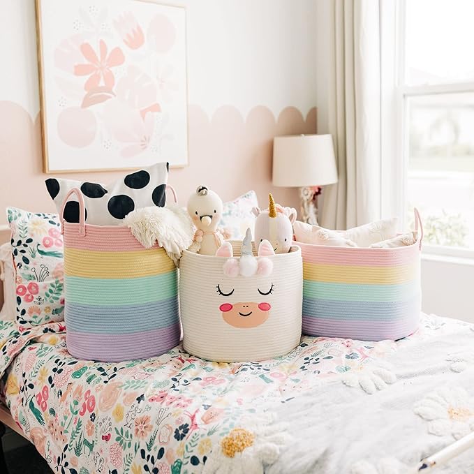 OrganiHaus Cotton Rope Basket for Rainbow Classroom Decor 15x18 | Toy Basket for Pastel Room Decor | Playroom Organization and Storage | Toy Bins & Book Basket | Tall Blanket Basket for Living Room-Ruum Studio Home
