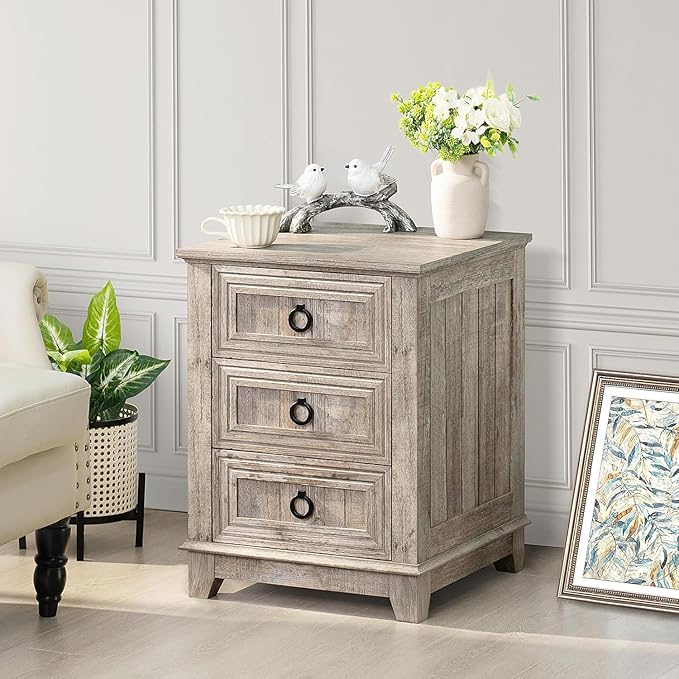 18" Farmhouse Night Stands Set of 2 with Charging Station, 2 & 3 Drawers End Table Dresser for Bedroom, Oak Wooden Nightstand, Bed Side Table with Open Shelf, Bedside Cabinet for Living Room-Ruum Studio Home