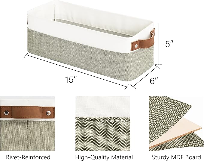 StorageWorks Narrow Storage Bins, Small Basket for Closet and Shelves, Fabric Organizer with Handles, Toilet Paper Storage, Green and White, 2-Pack-Ruum Studio Home