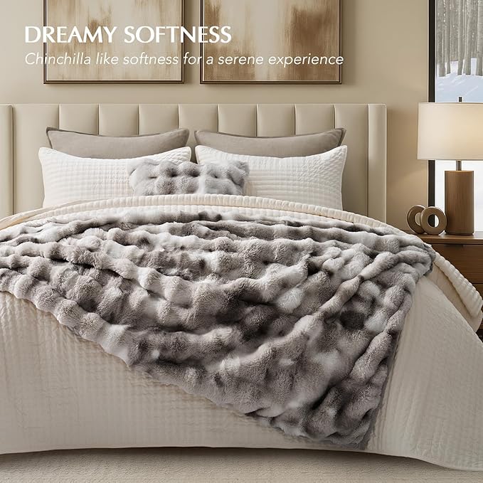 EVERGRACE Ultra Soft Luxury Fluffy Ridgeline Faux Rabbit Fur Throw Blanket, Thick Warm Bubble Throw for Bed, Cozy Plush Reversible Blankets for Couch, Chair, Sofa, Light Grey, 50x60 Inches, 870 GSM-Ruum Studio Home