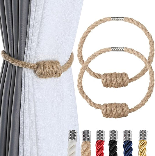 Fenghuangwu 2Pack Magnetic Jute Curtain Tiebacks – Bohemian Style Handmade Woven Tie-Backs for Drapes,Elegant Exquisite Knot Holdbacks,Outdoor Boho & Modern Home Decor-Ruum Studio Home