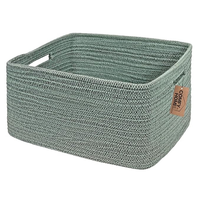 COMFY-HOMI Cotton Rope Woven Basket with Handles for Shelves,Toys,Book, Cloth Storage Baskets for Organizing-17" x 13" x 7.5" Toy Decorative Organizer for Living Room, Bathroom （Green）-Ruum Studio Home