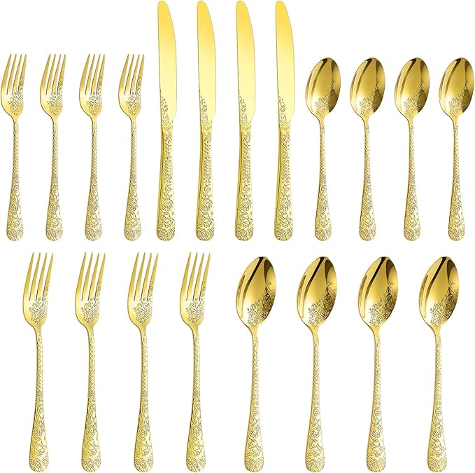 Floral 20 Pcs Gold Silverware Set for 4, Food Grade Stainless Steel Flatware Set with Rose Flower Embossed Design, Eating Utensils Sets Include Fork/Knife/Spoon, Reusable Cutlery Set, Dishwasher Safe-Ruum Studio Home