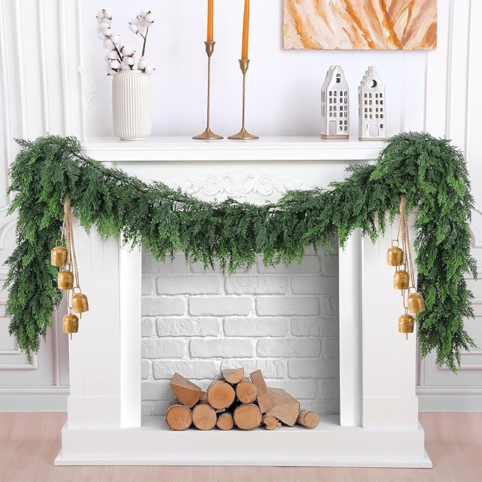 Hananona 6 FT Artificial Cedar Garlands, Real Touch Winter Cedar Cypress Garland, Green Artificial Greenery Pine Garland for Table, Mantle, Wall, Indoor, Outdoor Christmas Decorations (1, 6 FT)-Ruum Studio Home