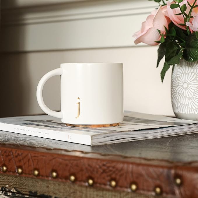 COLLECTIVE HOME - Monogram Ceramic Mugs, 15 oz Golden Initial Coffee Cups, Elegant Alphabet Tea Mugs, Elegant Personalized Mug with Gift Box, Luxurious Cups for Office and Home (j)-Ruum Studio Home