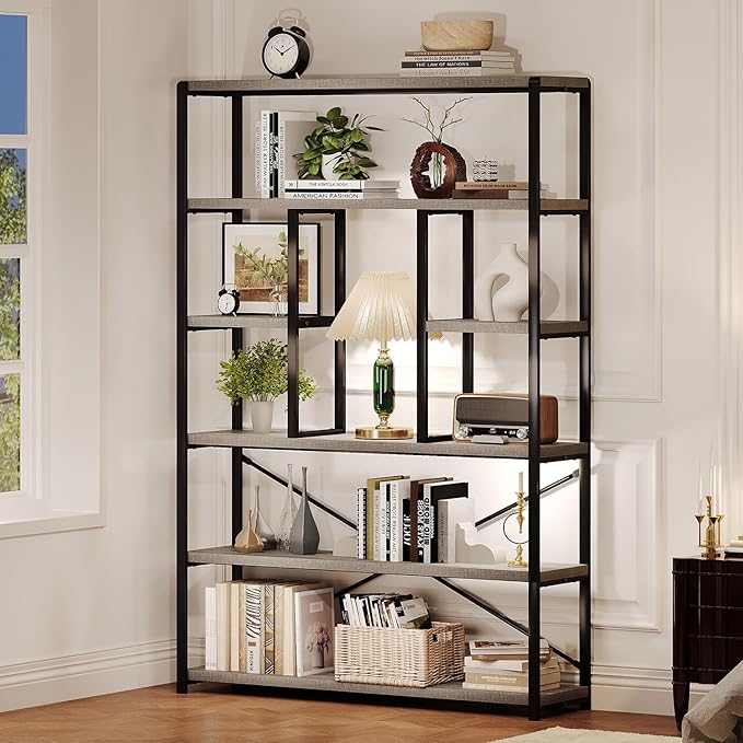 LVB Industrial 6 Tier Bookshelf, Large Tall Open Rustic Vintage Etagere Bookcase, Gray Big Wide Modern Farmhouse Wood and Metal Book Shelf for Home Bedroom Living Room Office Storage, Light Grey Oak-Ruum Studio Home