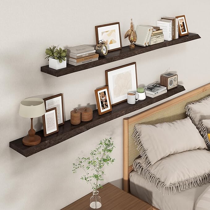 Axeman 72 inch Extra Long Floating Shelves for Wall - 8'' D Live Edge Rustic Solid Elm Wood Floating Shelves Wall Mounted, Wall Shelves with Invisible Bracket for Living Room Bedroom Kitchen, Walnut-Ruum Studio Home