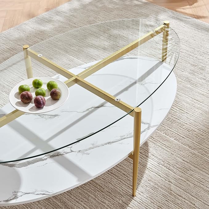 Oval Glass Coffee Table, Mid-Century Modern Design, L43 x W22 x H17 inch, Surfboard Shaped Clear Glass Top and White Marble Finish Wood Shelf, Tapered Legs with Gold Finish Frame-Ruum Studio Home