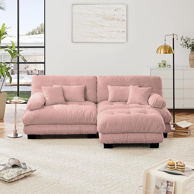 Loveseat Modular Sectional Sofa, L Shaped Couch with Ottoman, Cloud Couch Sectional Couch Home Sofa Living Room Oversized Couch Deep Seat Couch with Round Bolster Armrests 4 Pillows(Pink)-Ruum Studio Home
