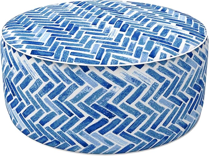 LVTXIII Indoor/Outdoor Inflatable Ottoman, All Weather Round Footrest Stool D21”x H9”, Portable for Patio Garden Camping or Home-Blue Bricks-Ruum Studio Home