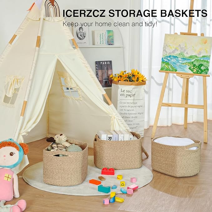 Decorative Storage Baskets for Organizing Shelves, Toy Basket for Nursery, Woven Cotton Rope Baskets for Decor, Towel Basket for Bathroom, 15"x11"x9.5", 3 Packs, Brown-Ruum Studio Home