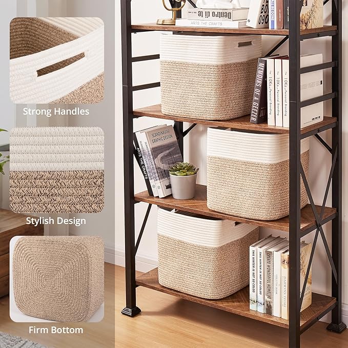 OIAHOMY 13 Kallax Inch Cube Storage Bins, 3-Pack Cotton Rope Woven Baskets for Organizing, Kallax Insert Storage Baskets for Shelves, Baby Nursery, Closet Organizer, 13*13*12.6IN, Brown & White-Ruum Studio Home