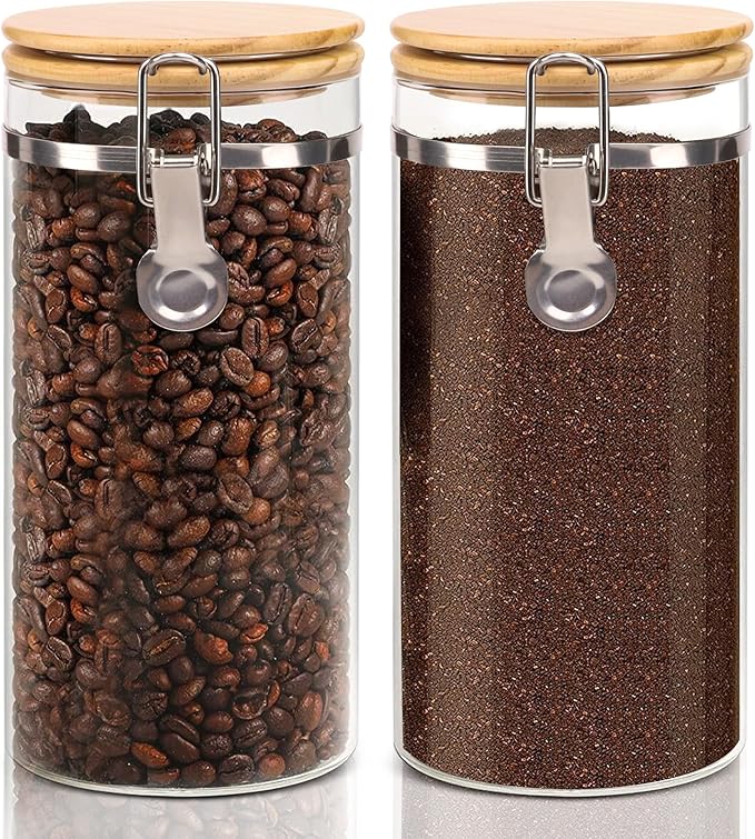 Glass Storage Jars Set Elegant Containers with Airtight Bamboo Lids, Perfect for Kitchen Organization - Flour, Rice, Pasta, Sugar, Coffee Beans, Accessories Included (Coffee Jar x 2)-Ruum Studio Home