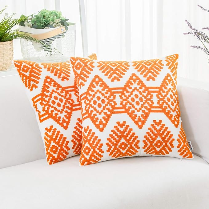 HWY 50 Orange Decorative Throw Pillow Covers 18x18 Inch, Pack of 2 Embroidered Cotton Farmhouse Cushion Cover Pillow Case for Sofa Couch Living Room Bed Bedroon, Modern Diamond Geometric-Ruum Studio Home
