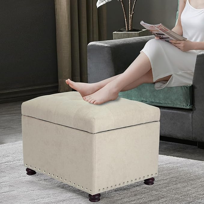Joveco Storage Ottoman, 24" Fabric Rectangle Tufted Bench Foot Rest Stool for Living Room Bedroom, Beige-Ruum Studio Home