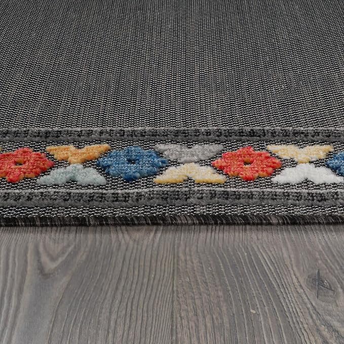 Beverly Rug Outdoor Runner Rug 2x7 Modern Floral Bordered Area Rugs for Indoor and Outdoor Patio Easy to Clean Non Shedding Living Room Porch Garden Washable Outside Carpet (2 x 7 Dark Gray)-Ruum Studio Home