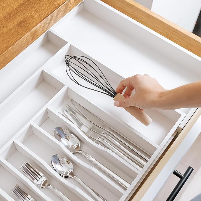 Premium Silverware, Flatware and Utensil Organizer for Kitchen Drawers, Food-Safe Contract Grade, Expandable from 16 to 28 In, White Bamboo-Ruum Studio Home