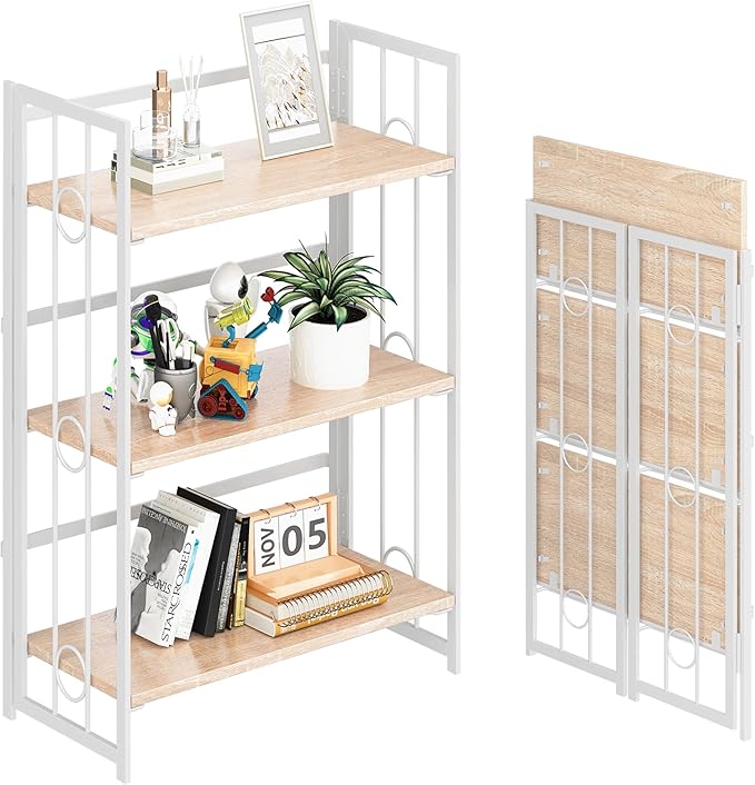 4NM No Assembly 3 Tiers Folding Bookshelf, 35" H Foldable Storage Shelves Vintage Bookcase Standing Racks Study Organizer Home Office - Natural White-Ruum Studio Home