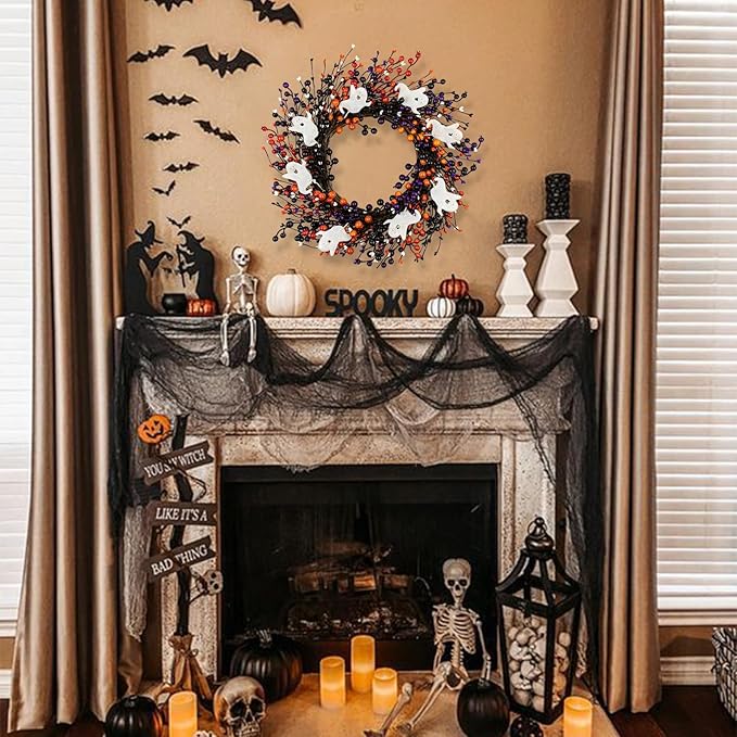 20-Inch Halloween Wreath - Handmade Orange & Black Berry Wreath with Adorable Mini Ghosts, Spooky Front Door Decor for Halloween Party-Ruum Studio Home