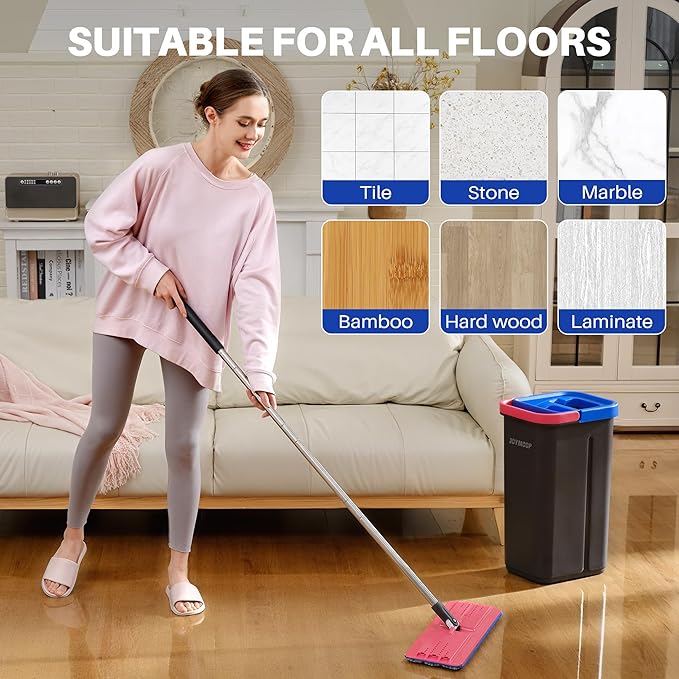 JOYMOOP Mop and Bucket Set for Home, Hands-Free Self-Cleaning System, with 5 Reusable Microfiber Mop Pads, Suitable for Floor Cleaning and Wall Cleaner - Black+Red+Slate Blue-Ruum Studio Home