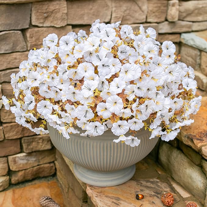 Fake Mums Artificial Fall Flowers Fake Plants for Outdoors Autumn Decor, 12 Bundles White Silk Morning Glory with Eucalyptus Look Real UV Resistant Faux Flowers for Outside Planters Front Door Yard-Ruum Studio Home