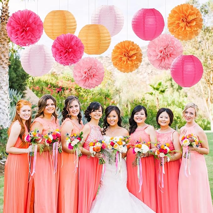 Pink-Orange Party-Decorations Paper-Flowers Lanterns - 15PCS Fall Wedding Birthday Tissue Pom Poms Streamers, Boho Baby Bridal Shower Graduation Sunset Hanging Supplies Decor Hugfond-Ruum Studio Home