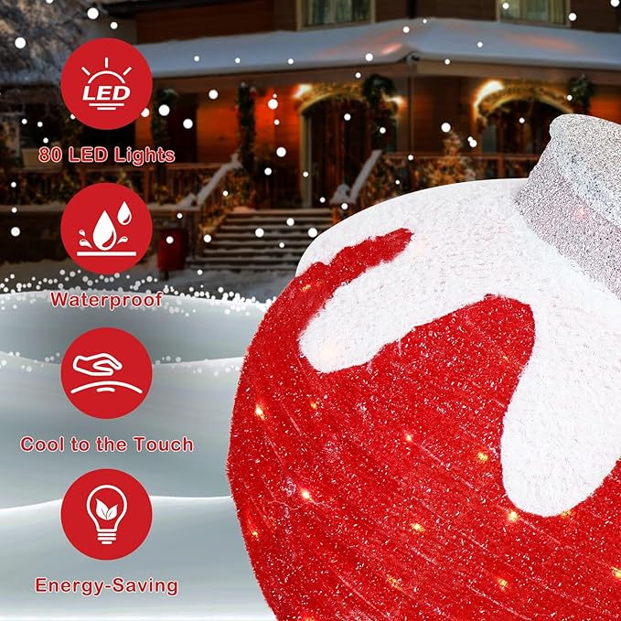 BRIGHTDECK Outdoor Christmas Ornaments, Lighted Pop-Up Outdoor Holiday Ball Decoration with 80 LED Lights, 8 Light Modes, Lighted Collapsible Holiday Decorations for Yard, Home (Red)-Ruum Studio Home