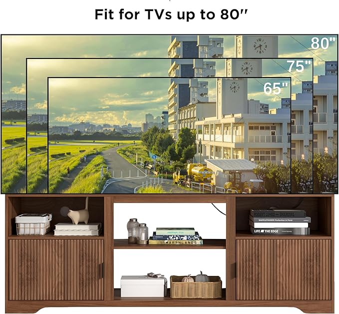 Fluted TV Stand for Tvs up to 80",Mid Century Modern TV Stand with Open Adjustable Shelf,Entertainment Center Wood TV Media Console with Cord Holes,TV Stand for Living Room Furniture Bedroom,Walnut-Ruum Studio Home