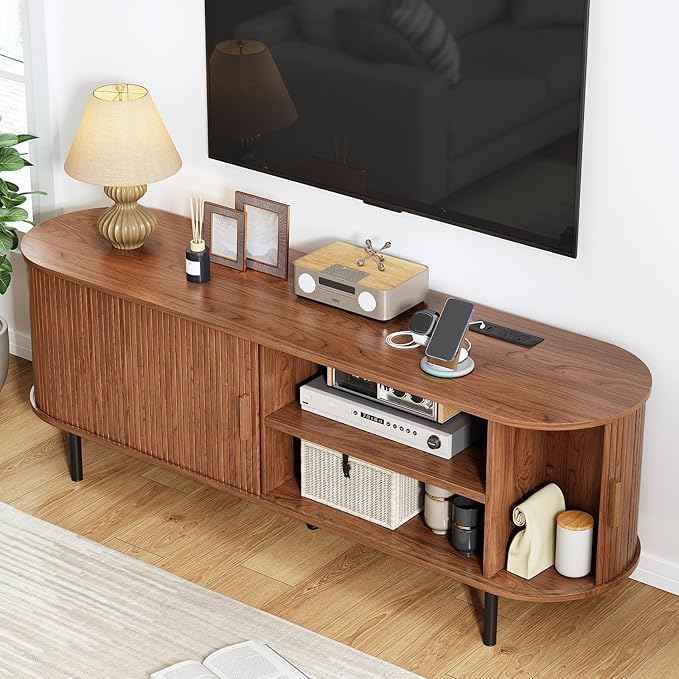 63" TV Stand with Power Outlet, Modern Media Console with Sliding Doors, Entertainment Center for TVs up to 60 Inch, Adjustable Shelves, Walnut-Ruum Studio Home