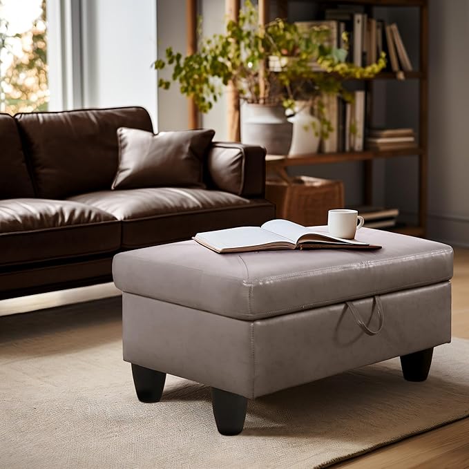 Ottoman Rectangular Storage Ottoman Bench, Faux Leather Footrest, Coffee Table, Stool Footstool with Hinged Lid for Living Room, Bedroom, Entryway, Champagne, 28.5"x19"x17.5"-Ruum Studio Home