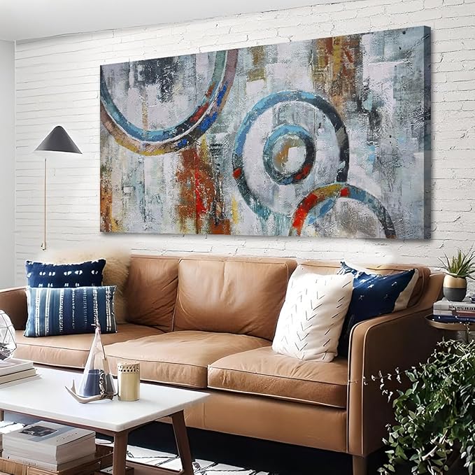Arjun Abstract Wall Art Geometric Canvas Circle Block Painting Modern Grey Brown Picture Simple Textured Artwork Framed for Bedroom Living Room Home Office Wall Décor, Extra Large 58"x29"-Ruum Studio Home