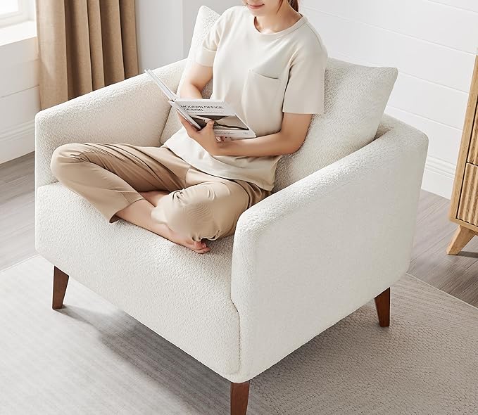 Oversized Accent Chair Modern Boucle Armchair for Living Room- 37" Wide Accent Chair with Solid Wood Legs, White Upholstered Lounge Chair for Bedroom & Office, Cozy Reading Chair (Easy Assembly)-Ruum Studio Home