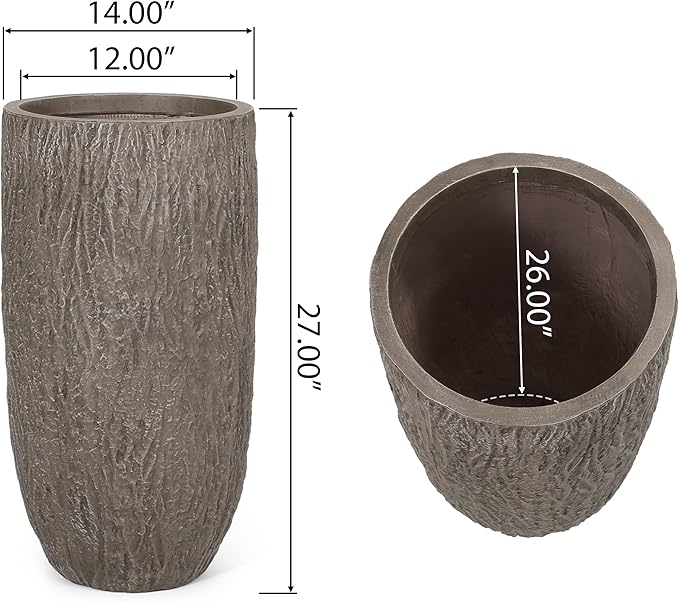 Christopher Knight Home Jorine Lightweight Concrete Planter, Cast Stone Plant Pot, Large Garden Urn, Patio Texture Finish Flower Pot for Balcony Backyard Poolside, No Assembly Needed, 27" H Brown-Ruum Studio Home