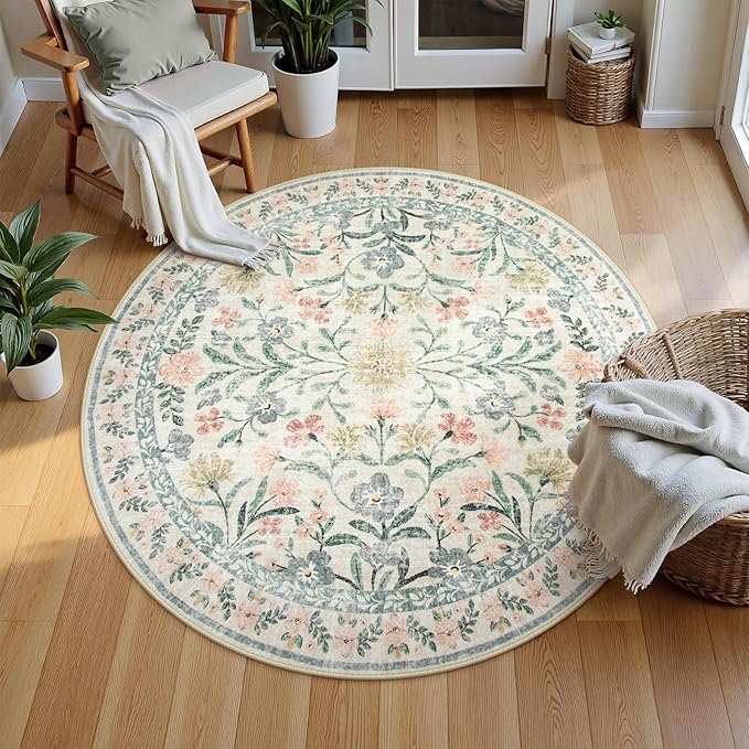Wonnitar Floral Round Rugs 6ft, Boho Large Machine Washable Circle Rug, Low Pile Soft Flower Botanical Print Beige Round Carpet for Living Room Bedroom Dorm Sunroom-Ruum Studio Home