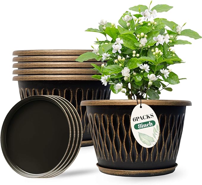 6 Pack 8 Inch Retro Plant Pots, Vintage Striped Flower Pots with Drainage Hole & Saucer, Large Plastic Planters for Indoor and Outdoor Plants, Decorative Garden Pots(Gold)-Ruum Studio Home