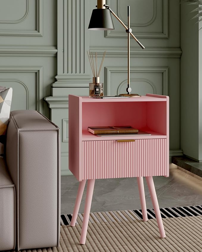 Nightstand,Modern Bedside Table with Storage Drawer and Open Wood Shelf, Accent Night Stand with Solid Wood Legs for Living Room, Bedroom and Small Spaces,Easy Assembly (Pink)-Ruum Studio Home