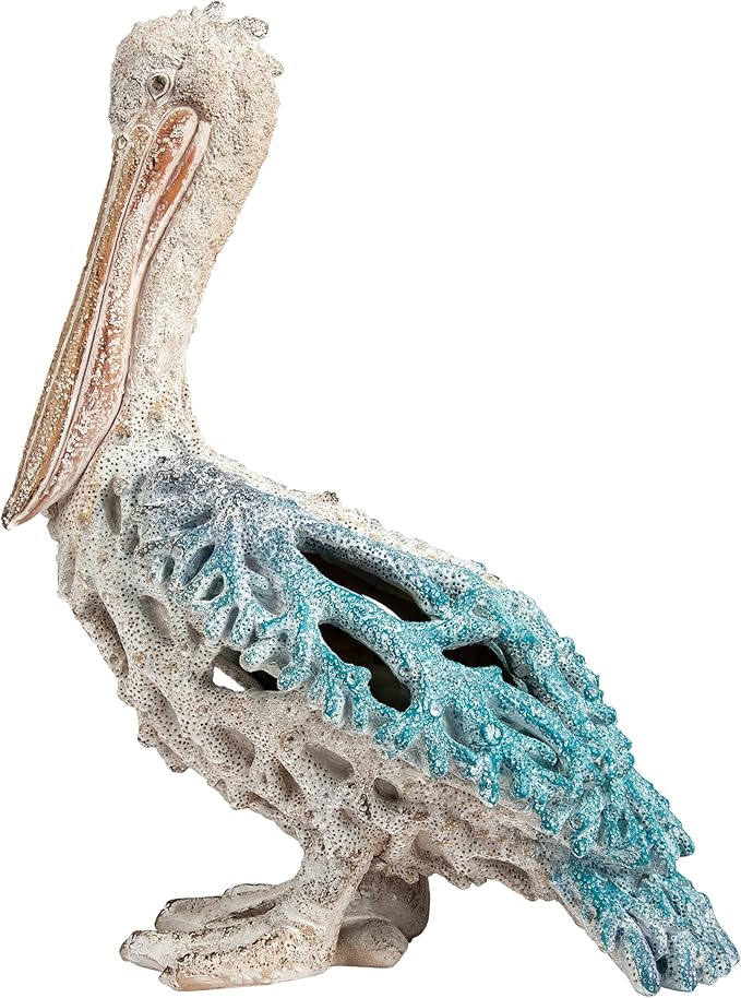 Blue Pelican Standing Figurine 13.75” Coastal Coral Reef Home Decor Nautical Beach Statue for Tabletop Shelf or Mantel Ocean Inspired Room Accents-Ruum Studio Home