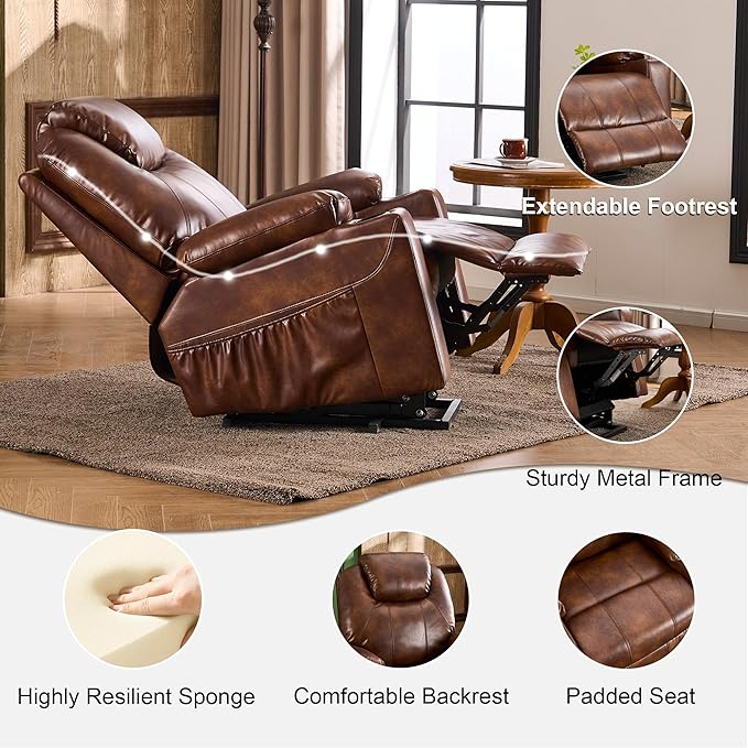 SALOHZA Power Lift Recliner Chair for Elderly with Massage and Heat for Living Room, Electric Recliner Chair for Adults with USB/Type C Port/Cup Holders, PU Faux Leather, Light Brown-Ruum Studio Home