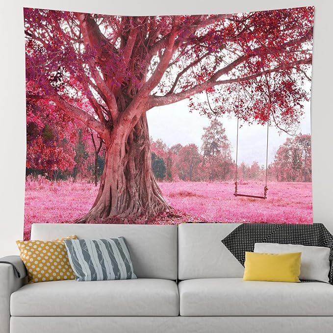FENDROM Autumn Pink Flower Tapestry Window View Wall Hanging, Nature Forest Floral Trees Garden Scenic Tapestries for Living Room Home Office Dorm-Ruum Studio Home