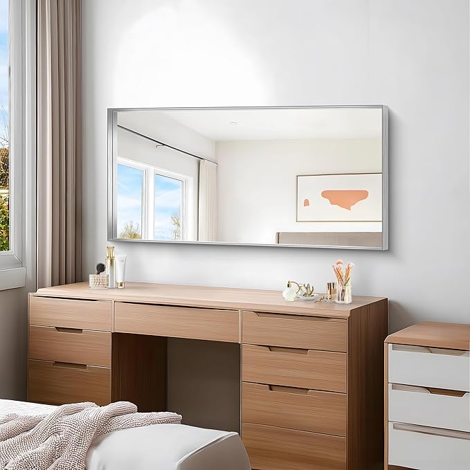 Silver Bathroom Mirror, 24x48 Inch Rectangular Framed Mirror, Large Wall Mounted Bathroom Vanity Mirror Over Sink for Bedroom,Restroom, Living Room, Hangs Vertically or Horizontally-Ruum Studio Home