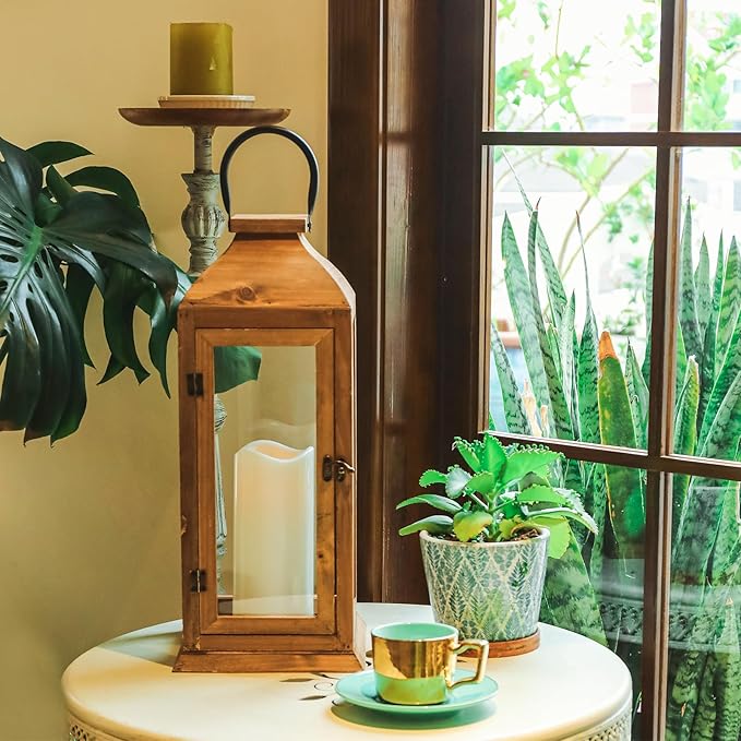 Large New Zealand Pine Lantern With Flameless Pillar Candles - IP65 Waterproof Decorative for Home Decor, Indoor Outdoor, Front Porch, Garden, Farmhouse Style-Ruum Studio Home