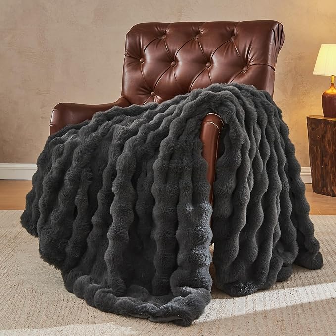 Lotus Karen Faux Fur Throw Blanket Dark Gray - Big Bubble Rabbit Fluff Blanket for Couch, Small Fluffy Fuzzy Cozy Blanket, Thick Furry Plush Shaggy Blankets, 50x60 Inches-Ruum Studio Home