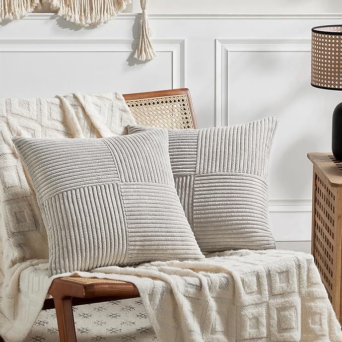 Fancy Homi 2 Packs Neutral Grey Decorative Throw Pillow Covers 22x22 Inch for Living Room Couch Bed Sofa, Rustic Farmhouse Boho Home Decor, Soft Corss Corduroy Patchwork Accent Cushion Case 55x55 cm-Ruum Studio Home