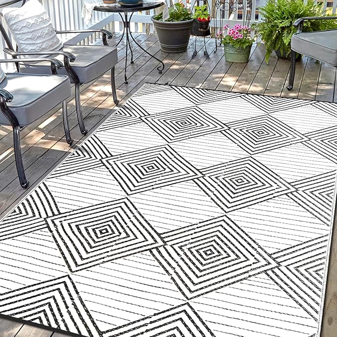 Waterproof Outdoor Rug 8x10ft, Foldable Reversible Plastic Straw Mat for Patio RV Deck Porch Backyard Balcony Camping Picnic Beach Indoor Outdoor Carpet, Black&White-Ruum Studio Home