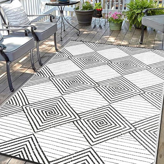 Waterproof Outdoor Rug 8x10ft, Foldable Reversible Plastic Straw Mat for Patio RV Deck Porch Backyard Balcony Camping Picnic Beach Indoor Outdoor Carpet, Black&White-Ruum Studio Home