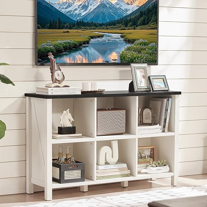 Farmhouse 6 Cube Bookshelf, Antique White & Black Wooden Storage Organizer Book Shelf, 47" Cubby Hallway Bookcase, Kids Toy Storage Cabinet, Modern Open Book Case for Living Room, Playroom-Ruum Studio Home