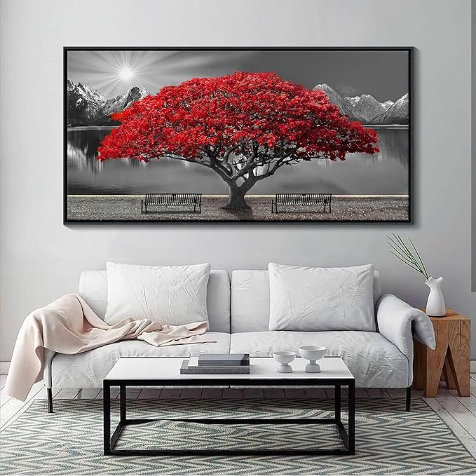 Framed Black and White Red Tree Wall Art Canvas Print Picture Large Red Tree Landscape Modern Artwork for Living Room Bedroom Office Home Wall Decor With 24X48inch-Ruum Studio Home