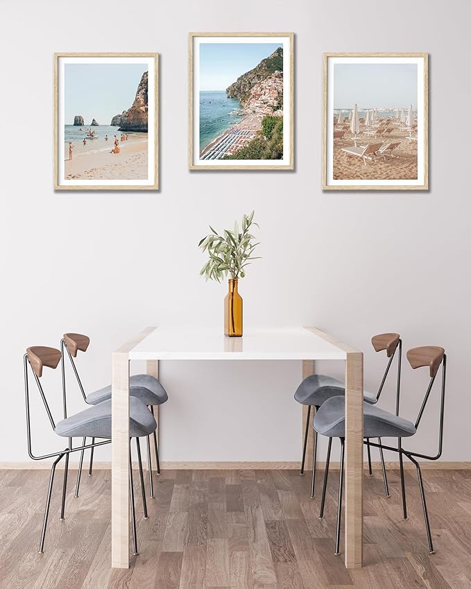 HesenDot Natural OAK Wood Framed Italian Positano Beach Wall Art,12x16in Amalfi Coast Canvas Wall Print,Summer Coastal Landscape Poster Wall Decor for Living Room,Bedroom,Office Gallery Set of 1-Ruum Studio Home
