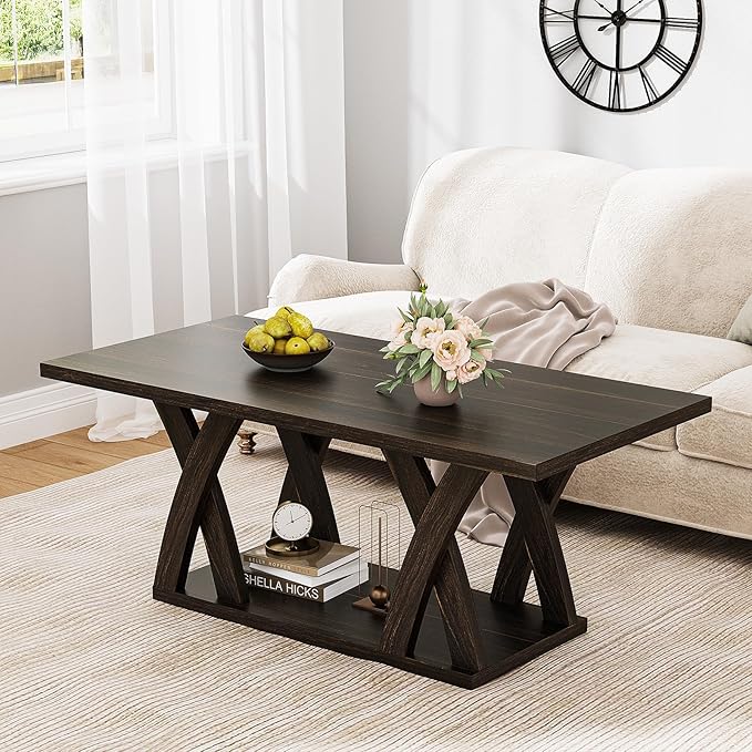 47” Wood Coffee Tables for Living Room Rustic Stands with Storage Shelf Brown Coffee Tables for Living Room. Farmhouse Center Stands with Shelf Farmhouse Rectangle Center Table-Ruum Studio Home