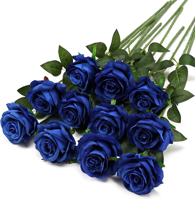 Blue Fake Roses Artificial Flowers - 10 Pcs Fake Artificial Roses Silk Flowers with Stems for Home Wedding Hotel Office Centerpiece Decor-Ruum Studio Home